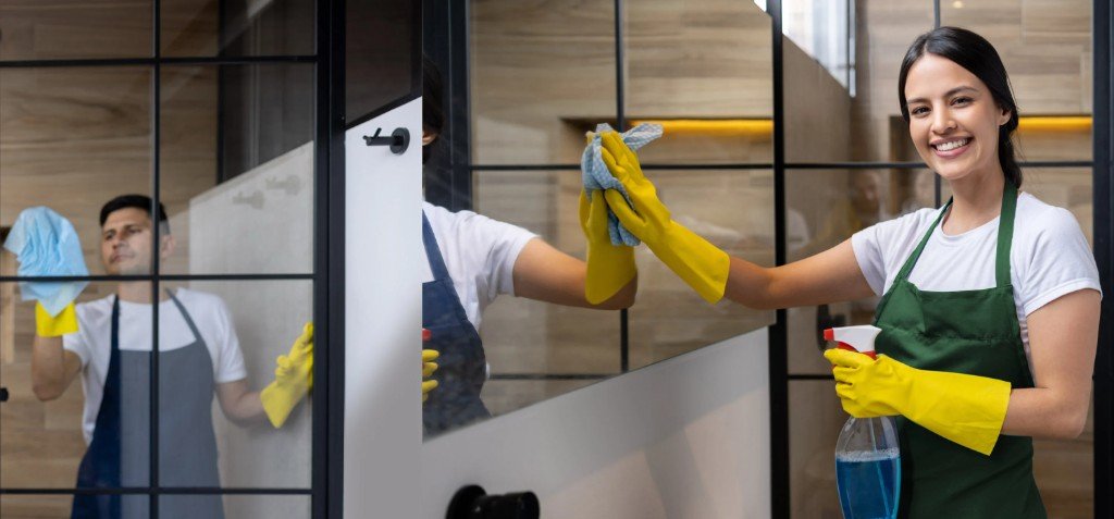 Professional cleaner smiling while cleaning glass